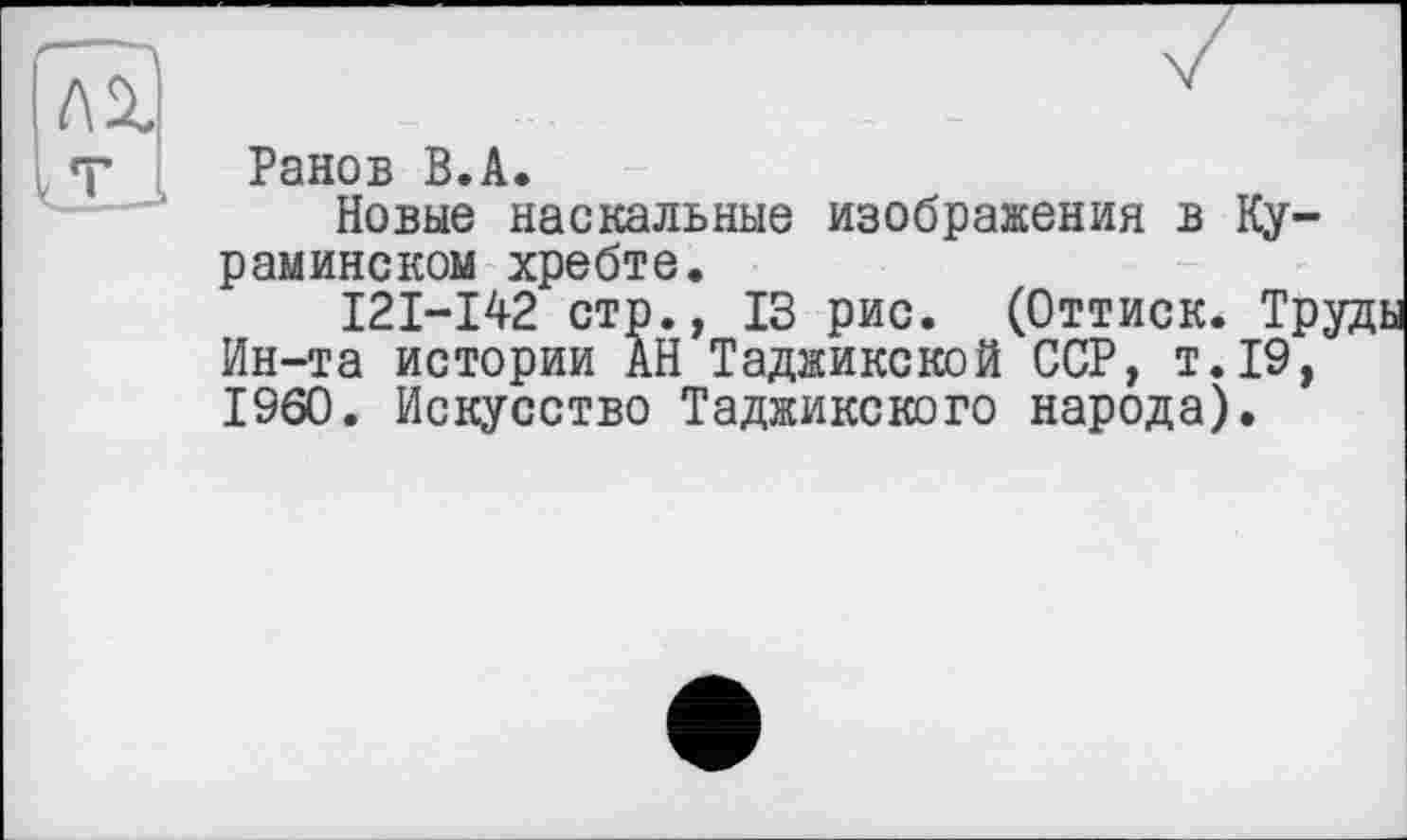 ﻿лг
Ранов В.А.
Новые наскальные изображения в Ку-раминском хребте.
I2I-I42 стр., 13 рис. (Оттиск. Тр; Ин-та истории АН Таджикской ССР, т.19, I960. Искусство Таджикского народа).